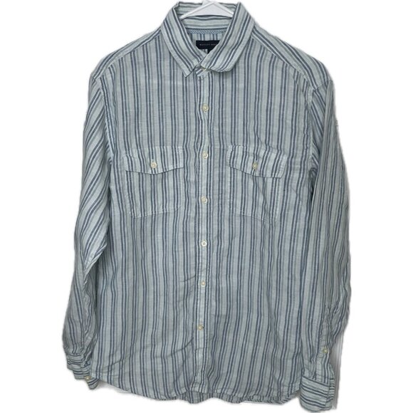 Banana republic Men’s 100% Linen Button Down Shirt Striped Blue 14.5 Small - Picture 1 of 6